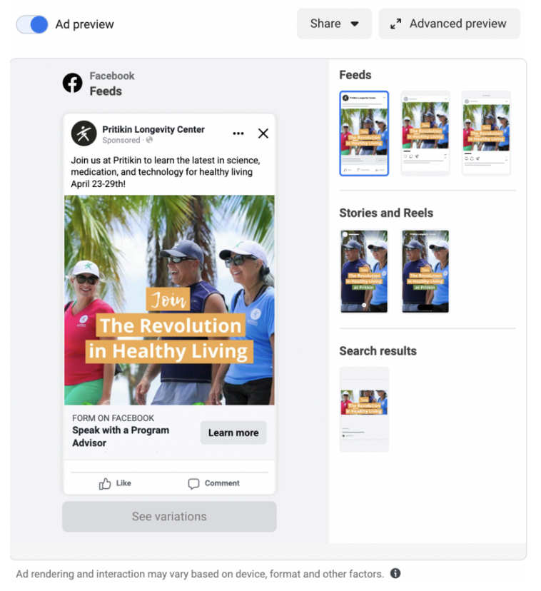 Facebook ad preview for Pritikin wellness programs